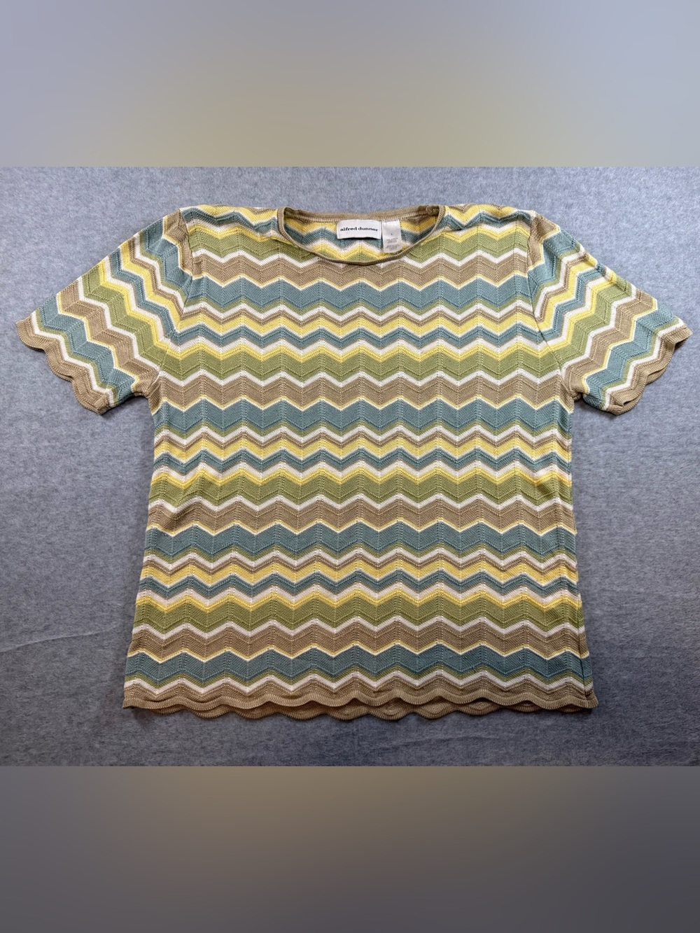 Alfred Dunner Short-Sleeve Chevron Knit Top in Yellow, Blue & Tan